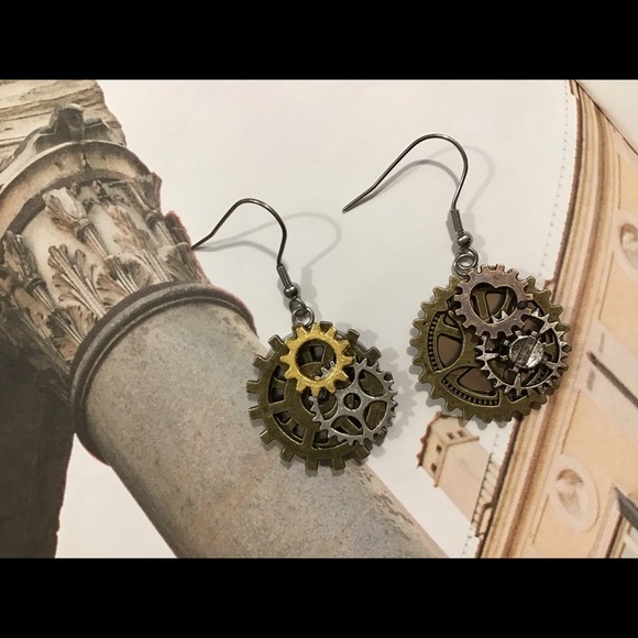 Steampunk handmade earrings silver gears metals - Picture 6 of 9